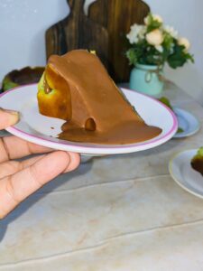 Pistachio eggless burnt basque with chocolate syrup